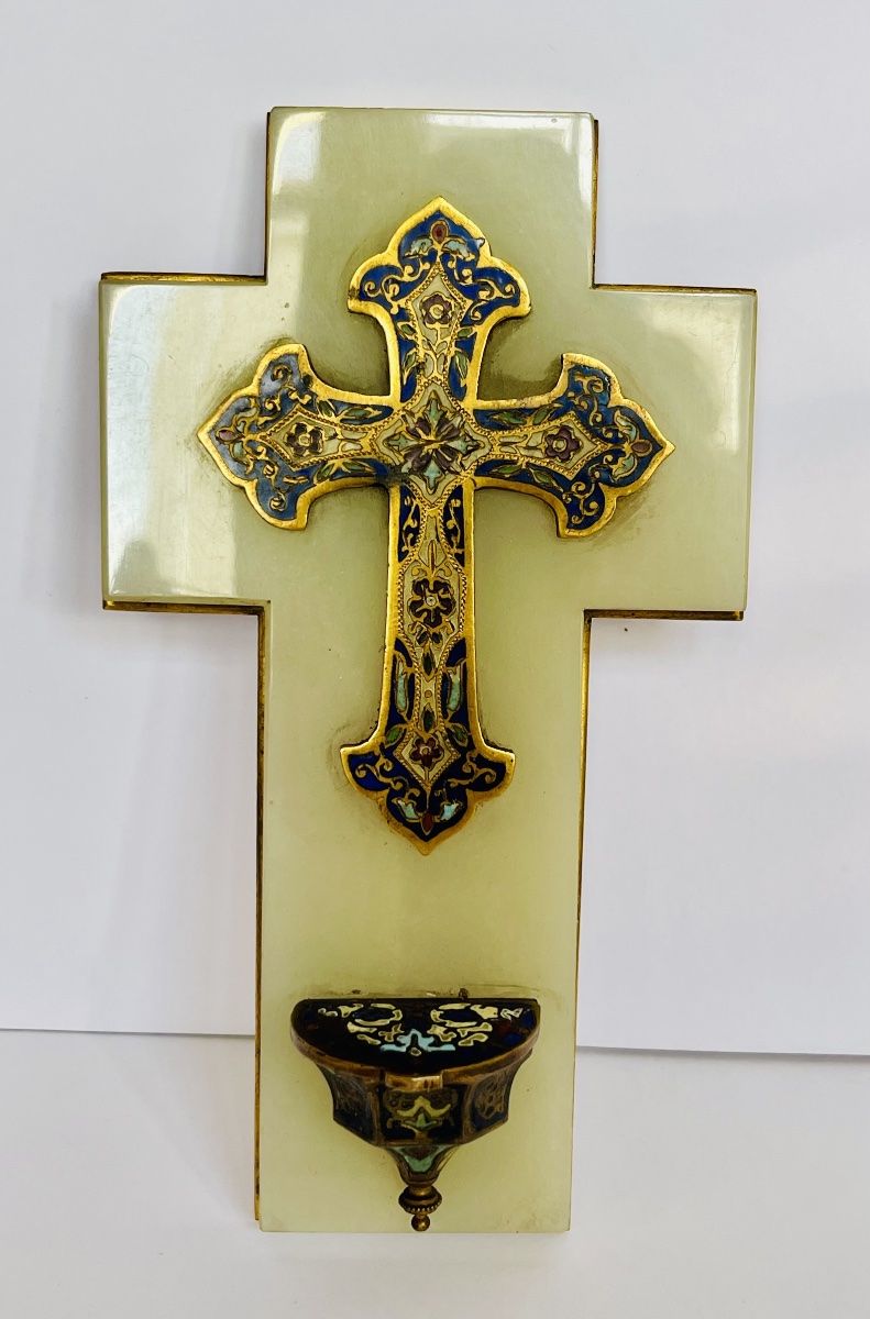 Bronze Cloisonné, Onyx, And Brass Holy Water Font 